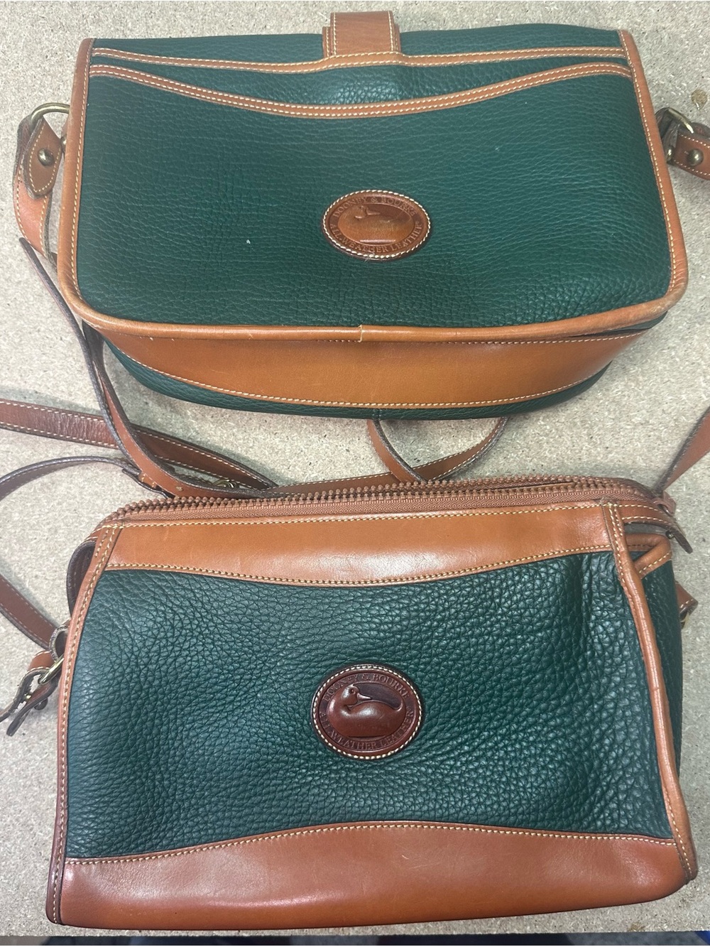 Vintage Dooney & Bourke AWL Satchel Green Brown Leather Duck Logo Shoulder Bag